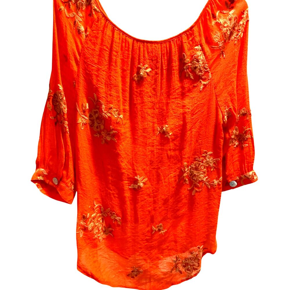 FIG and FLOWER ORANGE EMBROIDERED TUNIC HI-LO 3/4 SLEEVE BOHO BUTTON UP XL - Picture 3 of 6